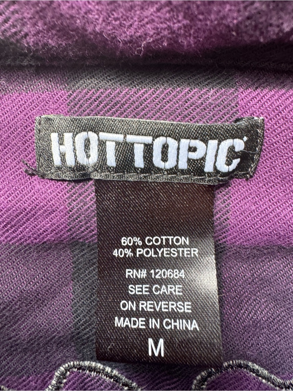 Hot Topic Purple & Black Buffalo Plaid Button Front Shirt Skeleton Spine Size M - Picture 7 of 7